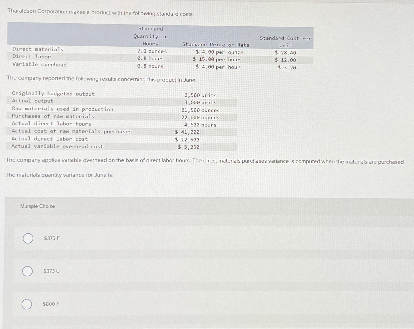 Solved Tharaldson Corporation makes a product with the