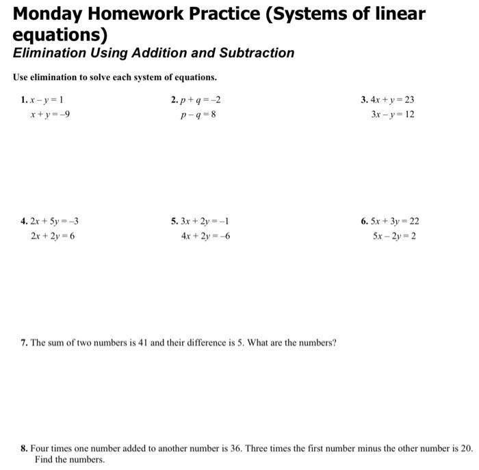 Solved Monday Homework Practice (Systems of linear | Chegg.com