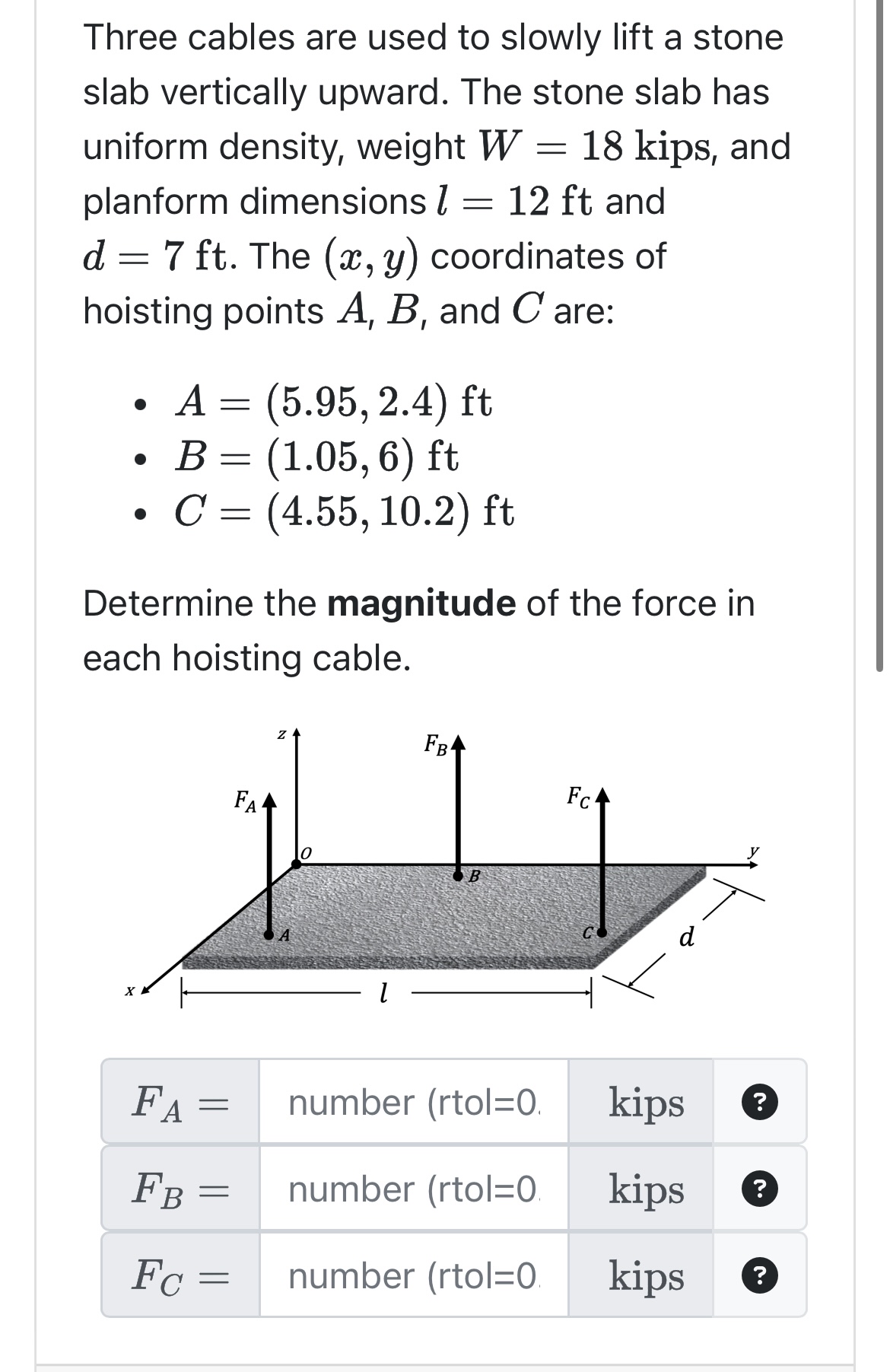 Solved Three cables are used to slowly lift a stone slab | Chegg.com
