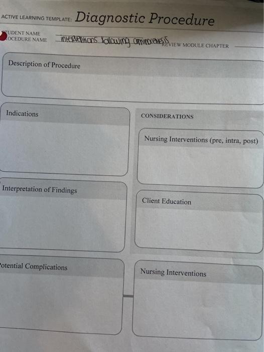 ACTIVE LEARNING TEMPLATE: Diagnostic Procedure intealen kons Salowing ominocentes TUDENT NAME LOCEDURE NAME REVIEW MODULE CHA