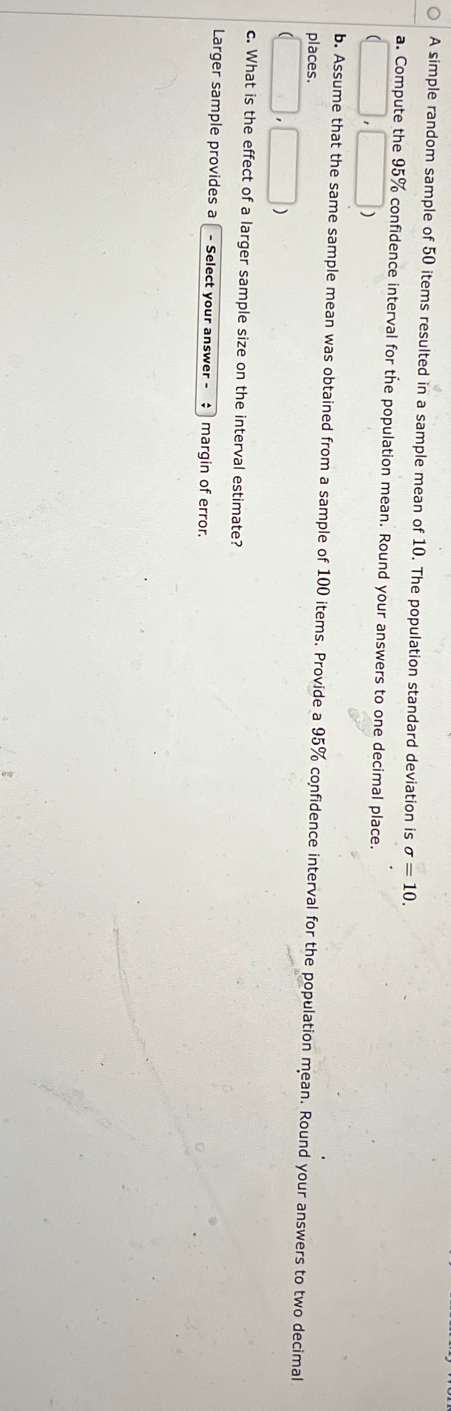 Solved A simple random sample of 50 ﻿items resulted in a | Chegg.com