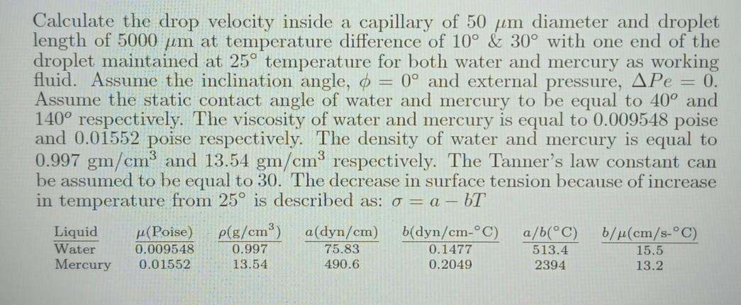 Calculate the drop velocity inside a capillary of 50 | Chegg.com