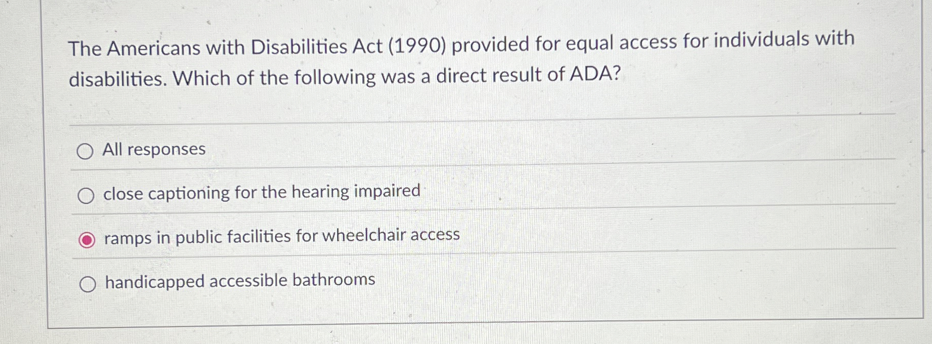 Solved The Americans with Disabilities Act (1990) ﻿provided | Chegg.com