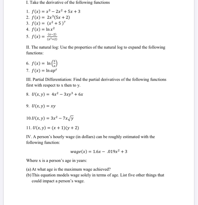 Solved I Take The Derivative Of The Following Functions 1 Chegg Com