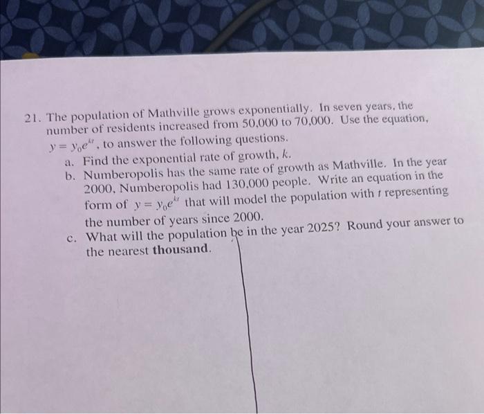Solved 21. The population of Mathville grows exponentially. | Chegg.com
