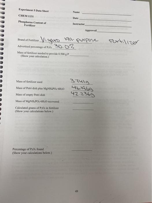 Solved Experiment 5 Data Sheet Name CHEM 1131 Date | Chegg.com