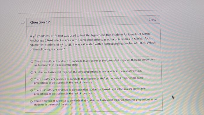 Solved 3 pts Question 12 Axo goodness-of-fit test was used | Chegg.com