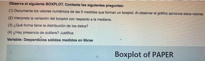 Observa el siguiente BOXPLOT. Contesta las siguientes preguntas: (1) Documenta los valores numéricos de las 5 medidas que for