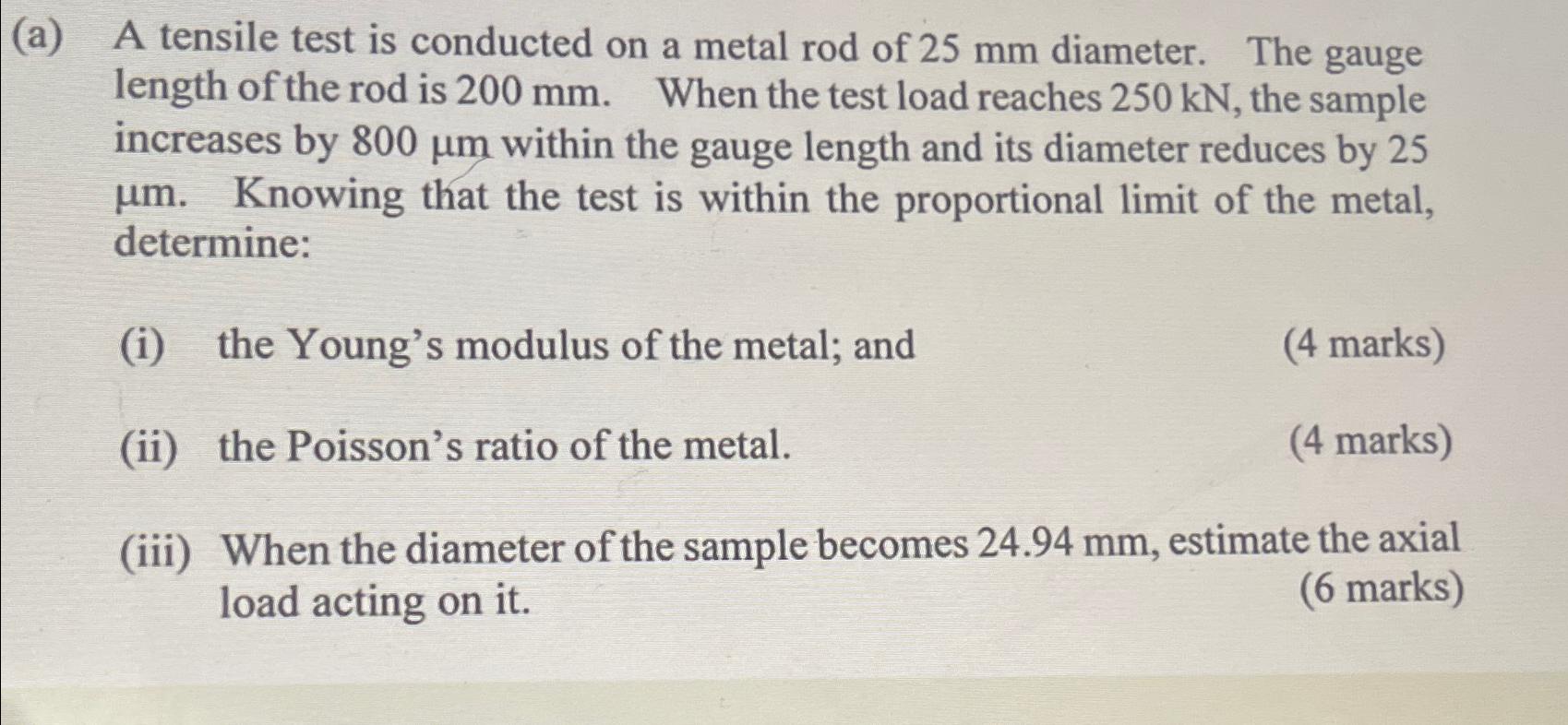Solved (a) A tensile test is conducted on a metal rod of | Chegg.com