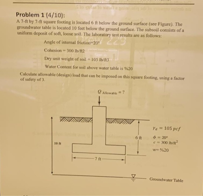 Solved Problem 1 (4/10) A 7ft by 7ft square footing is