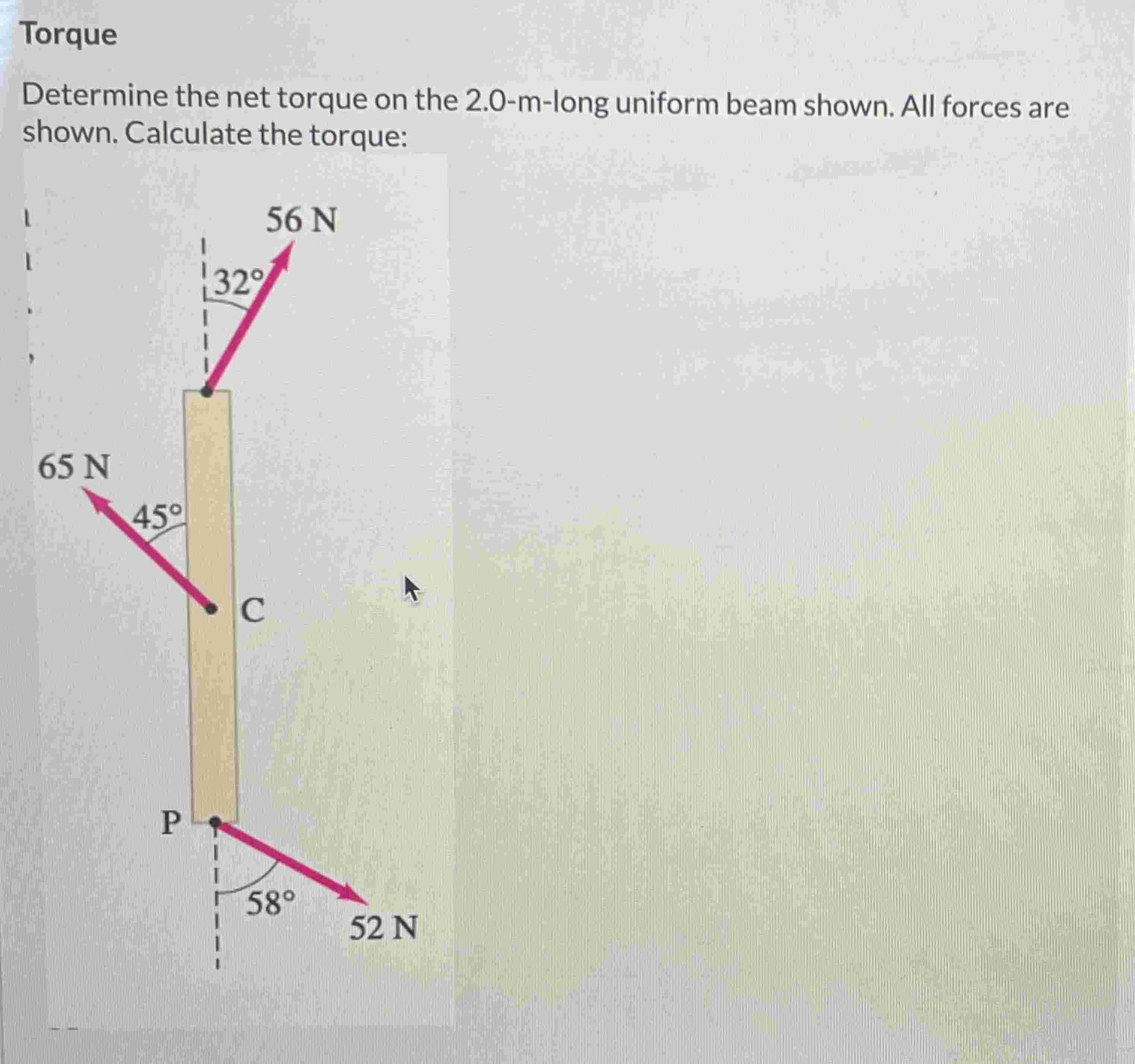 Solved TorqueDetermine the net torque on the 2.0-m-long | Chegg.com