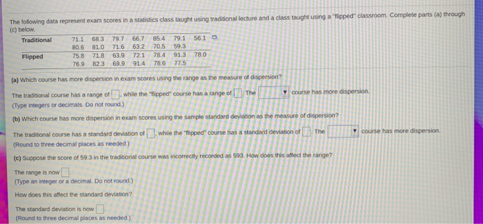 Solved The following data represent exam scores in a | Chegg.com