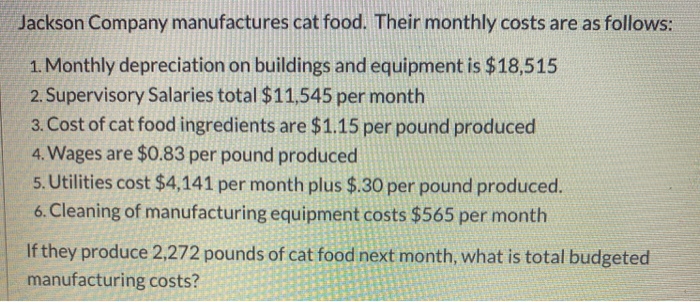 Solved Jackson Company manufactures cat food. Their monthly