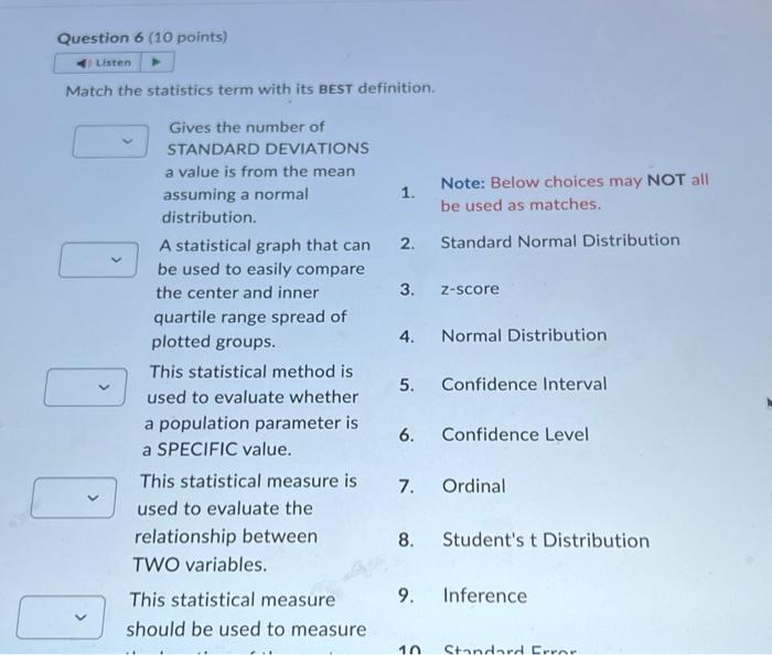 Solved Question 6 (10 points) Match the statistics term with | Chegg.com
