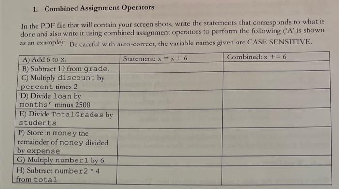 Solved 1. Combined Assignment Operators In the PDF file that | Chegg.com