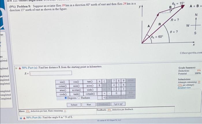 Solved (9\%) Problem 8: Suppose An Aviator Flies 39 Km In A | Chegg.com