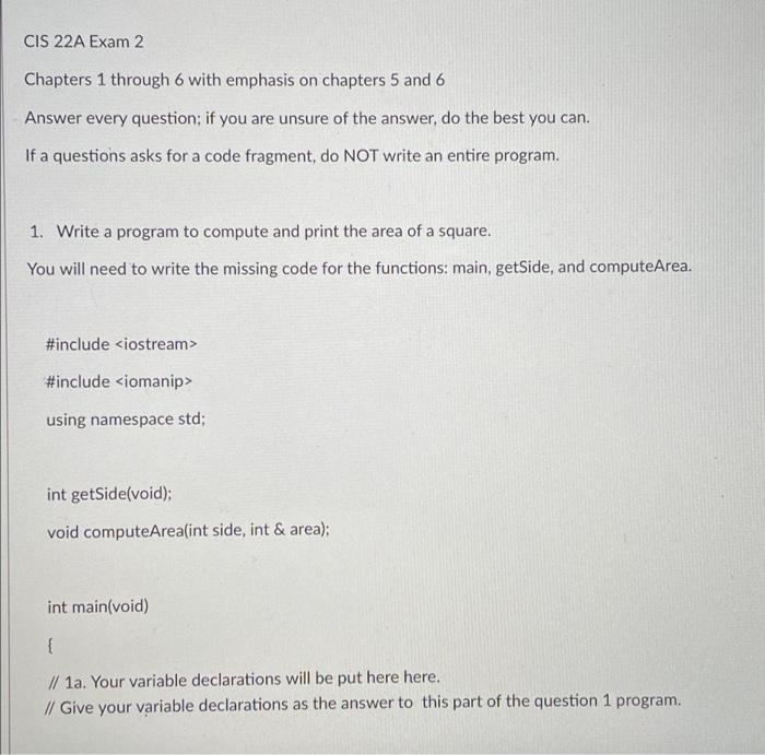 Solved CIS 22A Exam 2 Chapters 1 Through 6 With Emphasis On | Chegg.com