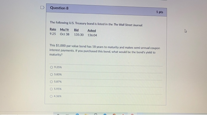 Solved Question 8 1 Pts The Following U S Treasury Bond Chegg Com