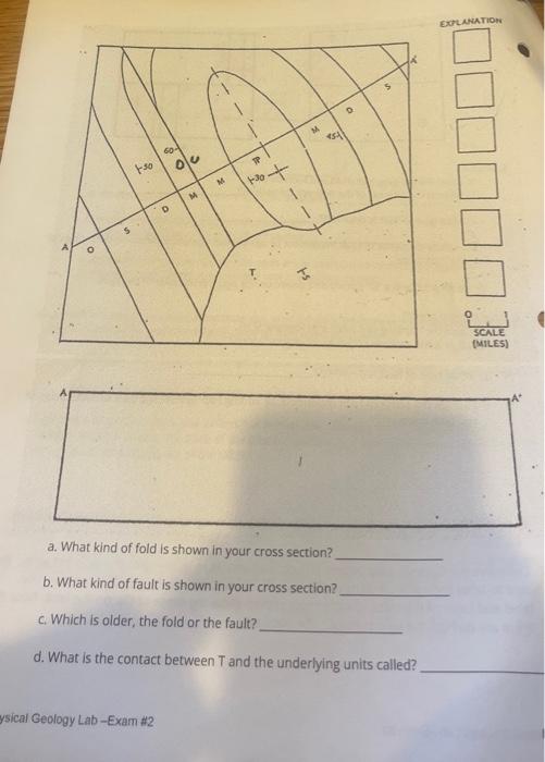 b. What kind of fault is shown in your cross section?
c. Which is older, the fold or the fault?
d. What is the contact betwee