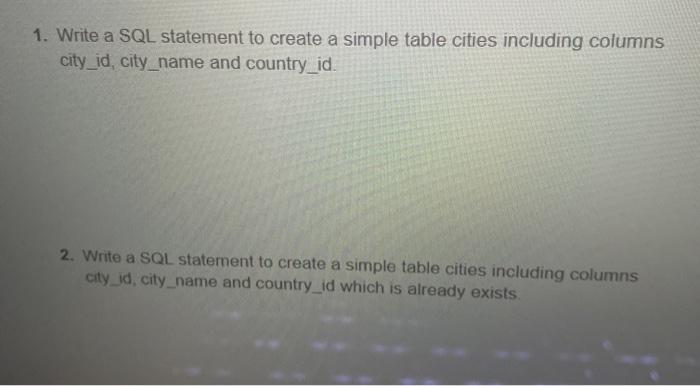 Solved 1. Write a SQL statement to create a simple table | Chegg.com
