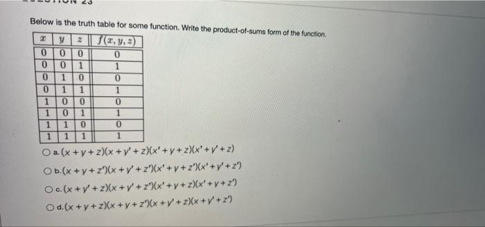 T 2 Hlola Below is the truth table for some function. Write the product-of-sums form of the function y T(X,Y, ) 0 0 0 0 0 0 1