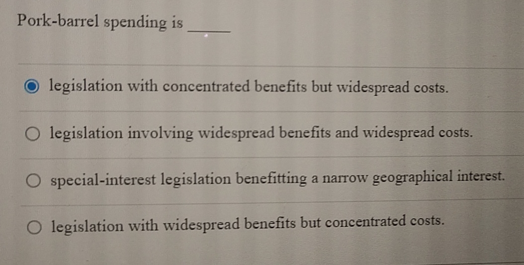 Solved Porkbarrel spending islegislation with concentrated