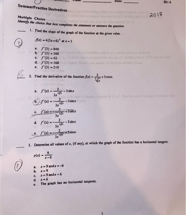 Solved Dates ID: A Summer Practice Derivatives 2018 Multiple | Chegg.com