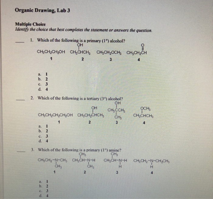 Solved Organic Drawing, Lab 3 Multiple Choice Identify the | Chegg.com