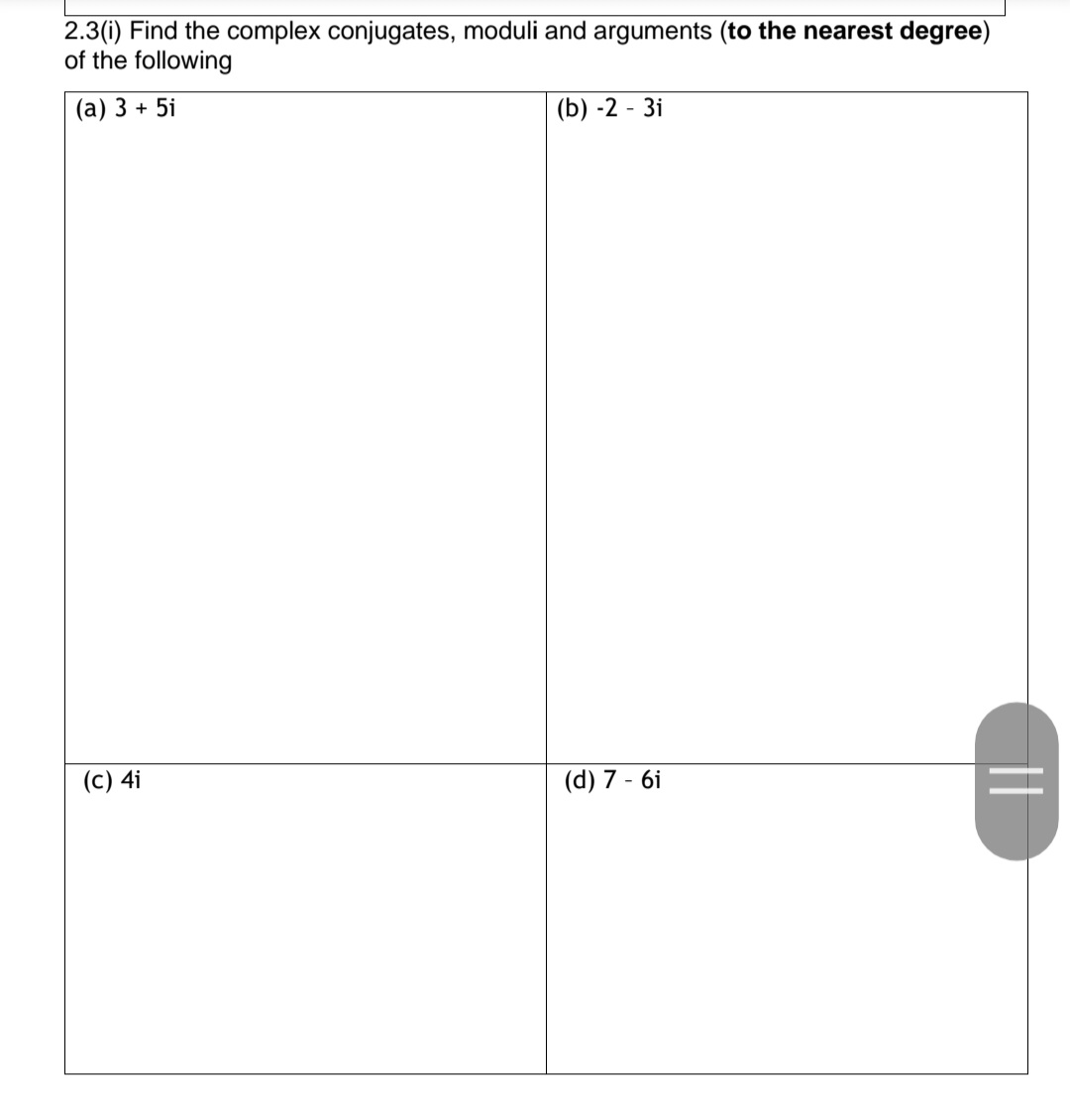 Solved 2.3(i) ﻿Find the complex conjugates, moduli and | Chegg.com