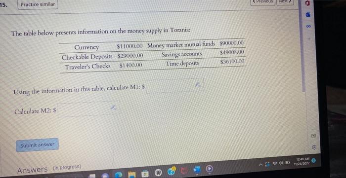 Solved The table below presents information on the money | Chegg.com