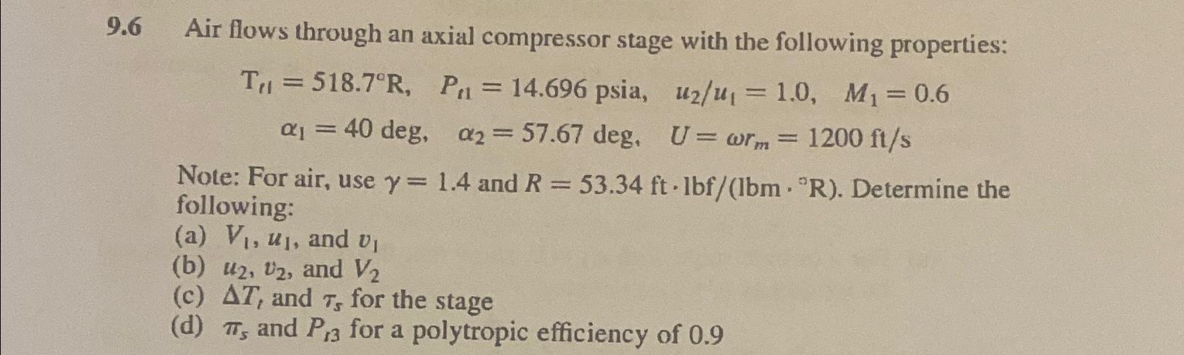 Solved 9.6 ﻿Air flows through an axial compressor stage with | Chegg.com