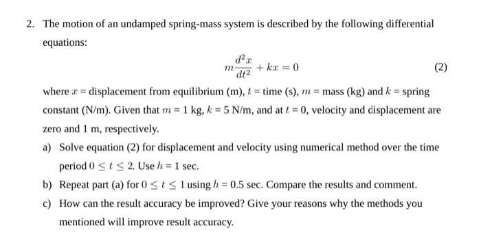 Solved 2. The Motion Of An Undamped Spring-mass System Is | Chegg.com