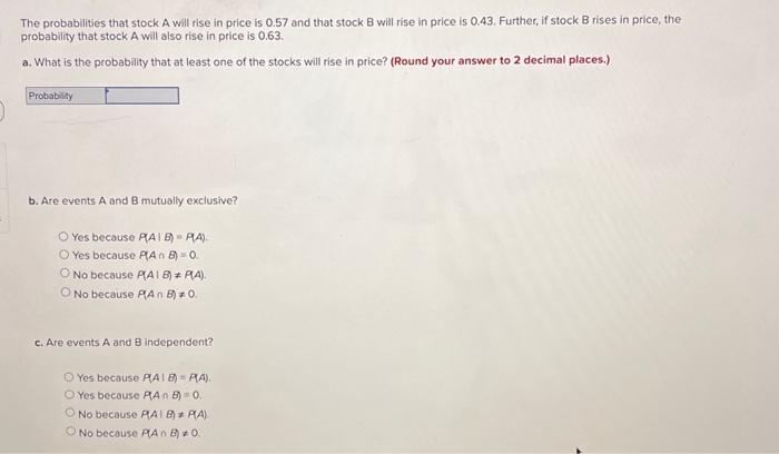 Solved The probabilities that stock A will rise in price is | Chegg.com