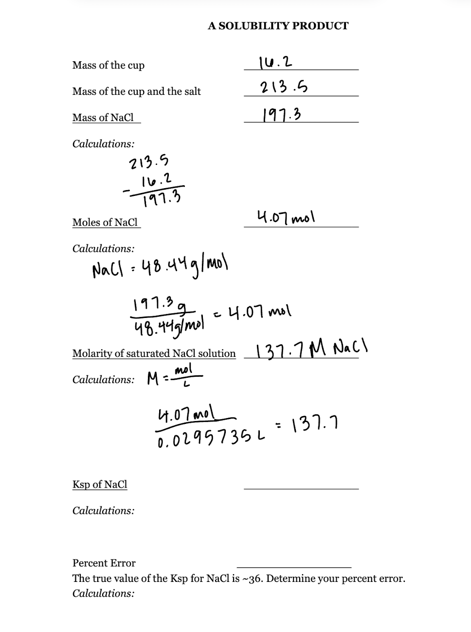 Solved How to solve ksp for NaCl and percent error? Thank | Chegg.com