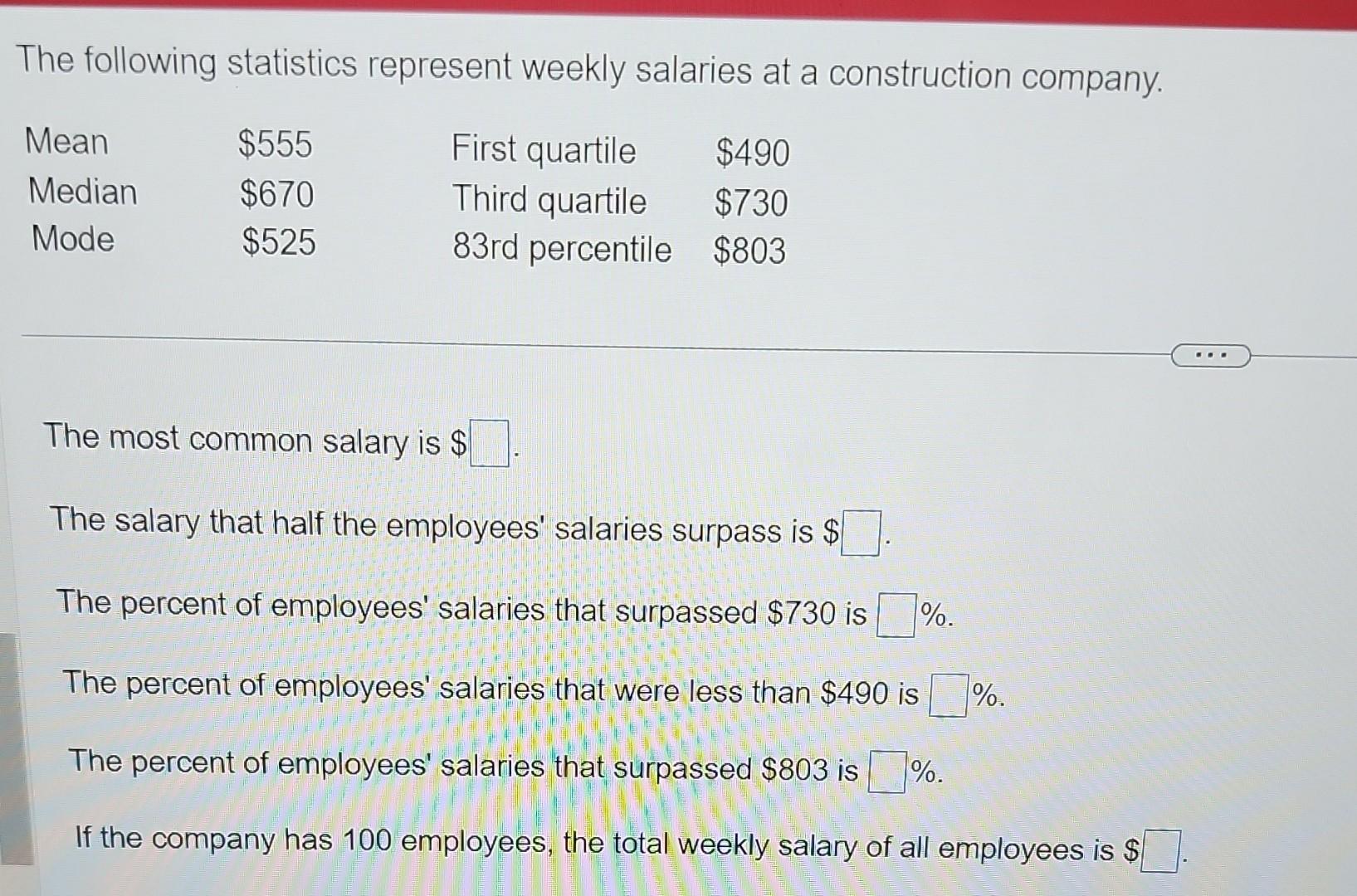 Solved The following statistics represent weekly salaries at | Chegg.com