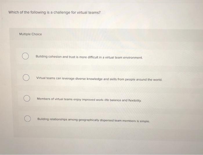 which of the following is a challenge for virtual teams?