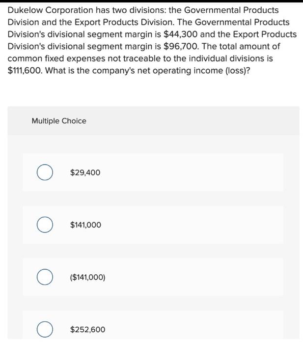 Solved Dukelow Corporation Has Two Divisions: The | Chegg.com