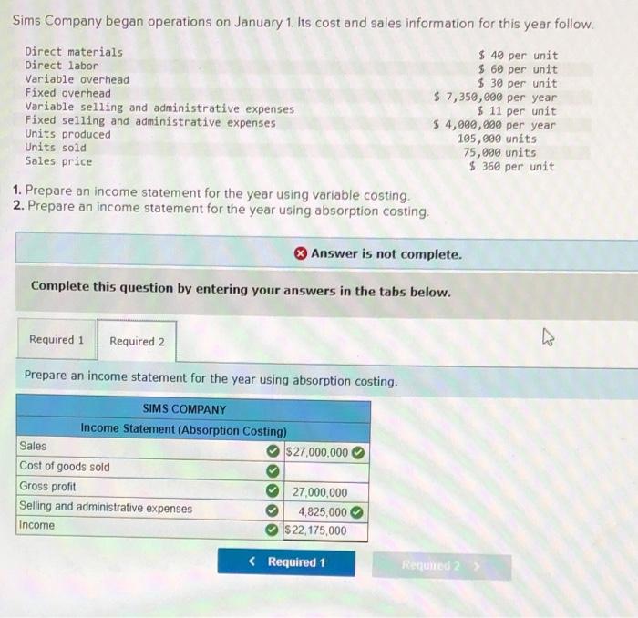 Solved Sims Company began operations on January 1. Its cost | Chegg.com