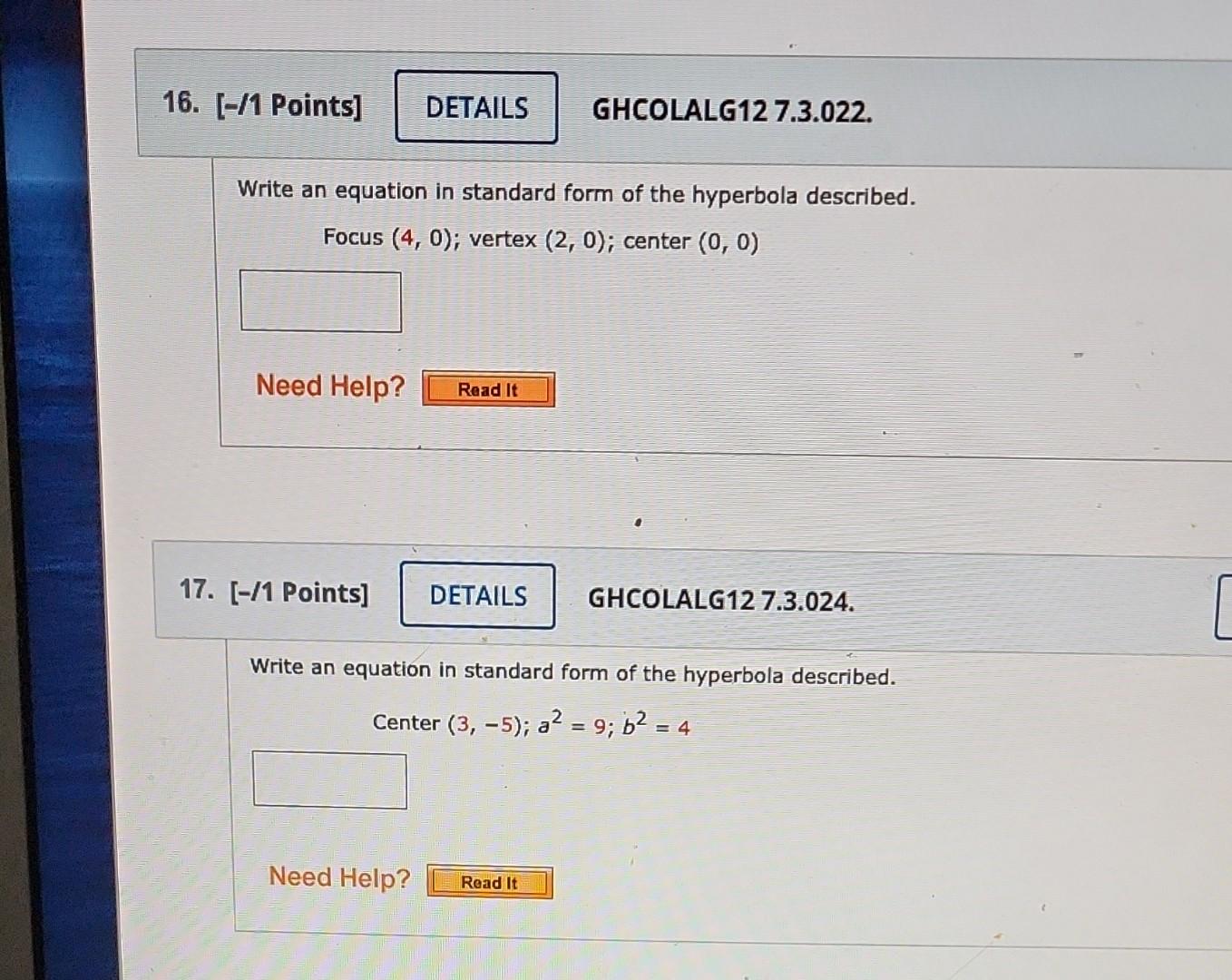 Solved Write an equation in standard form of the hyperbola | Chegg.com