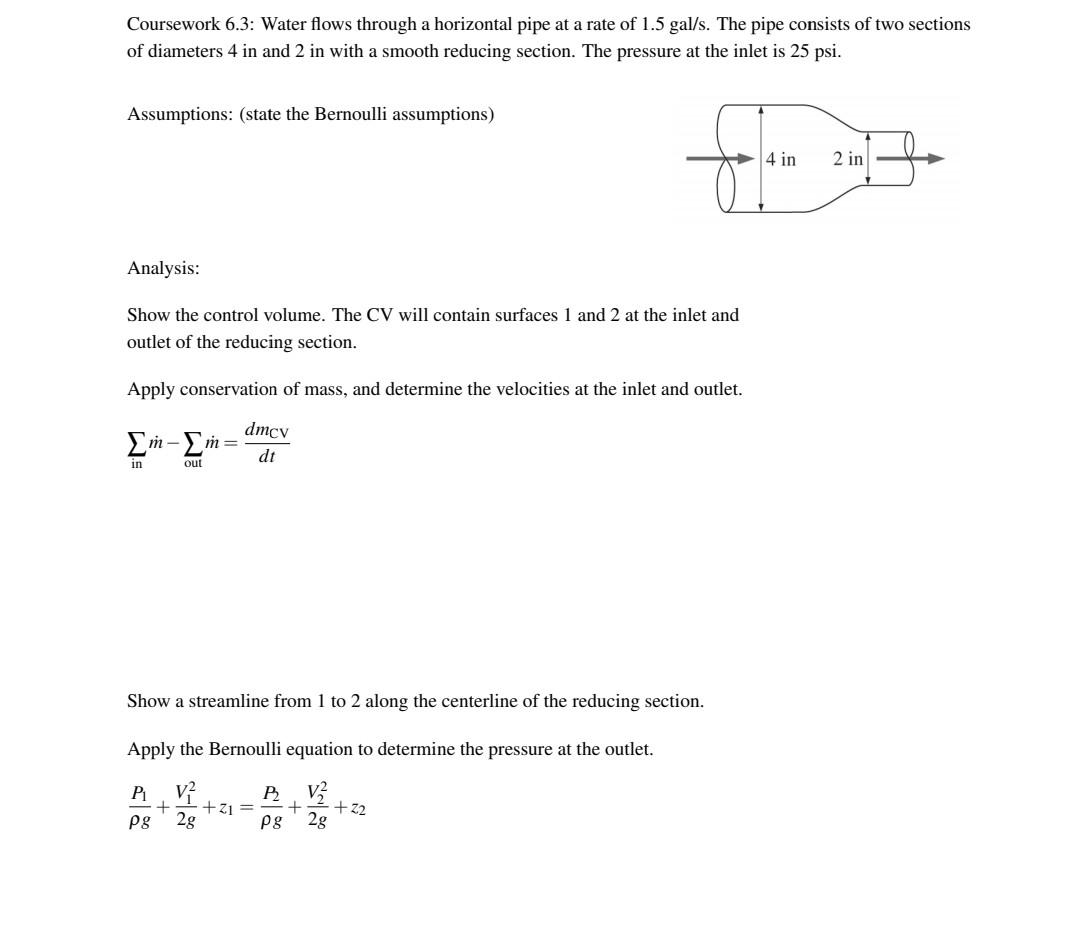 Solved Coursework 6.3: Water flows through a horizontal pipe | Chegg.com