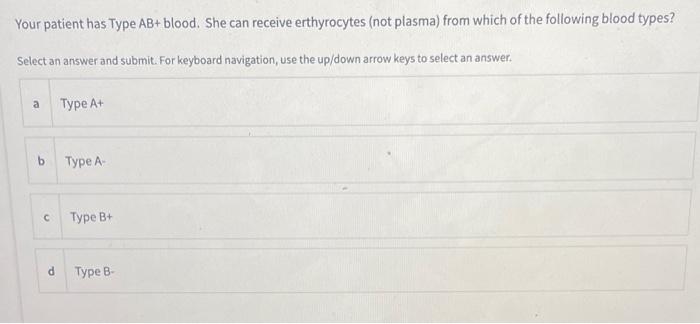 Solved Your patient has Type AB+ blood. She can receive | Chegg.com