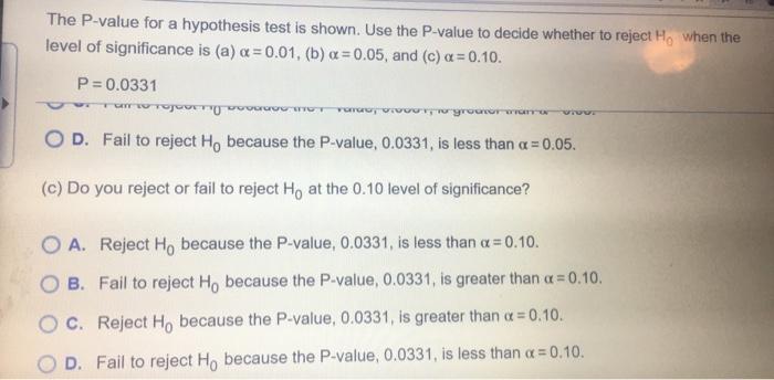 Solved The P-value for a hypothesis test is shown. Use the | Chegg.com