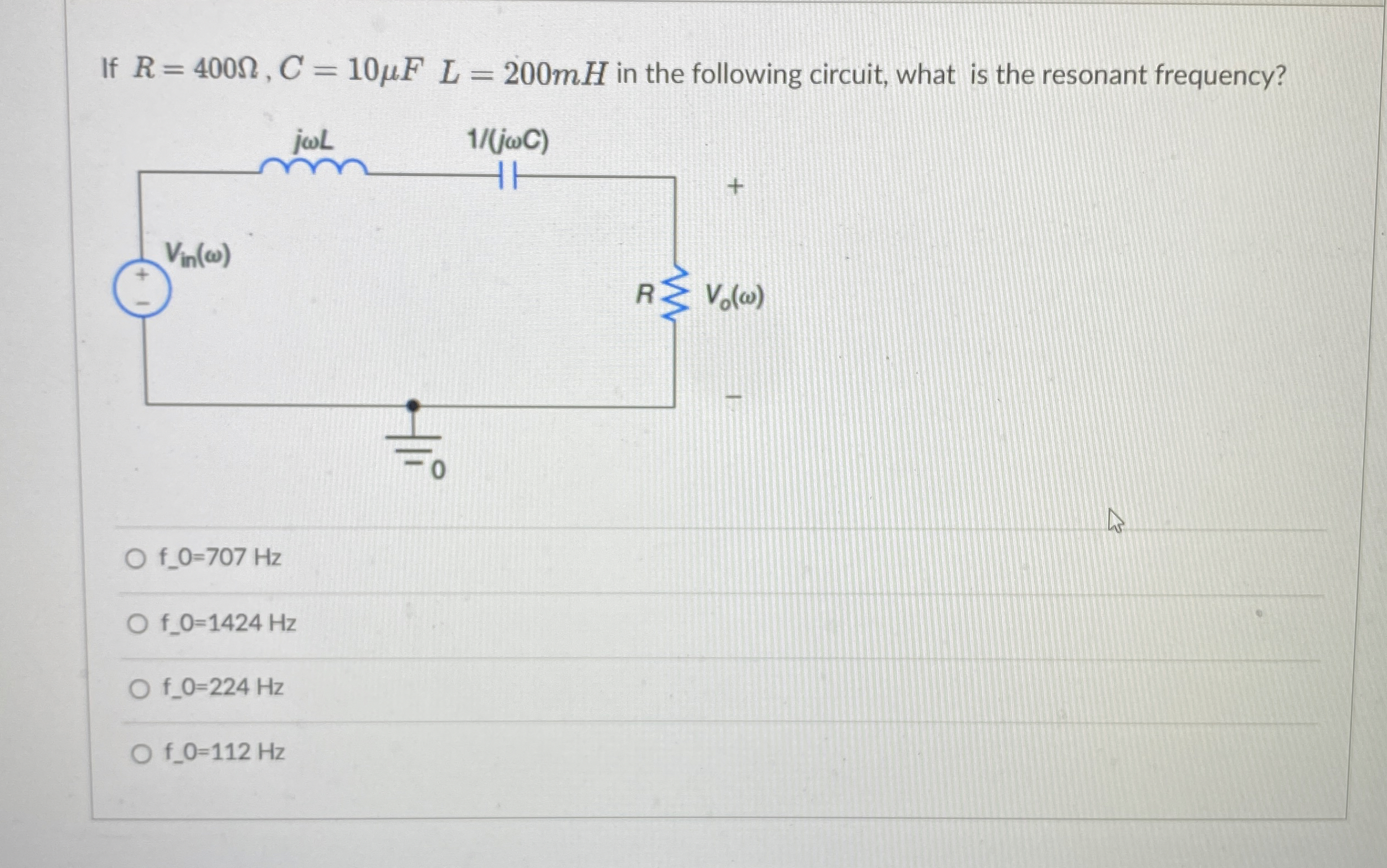 Solved If R=400Ω,C=10μFL=200mH ﻿in the following circuit, | Chegg.com