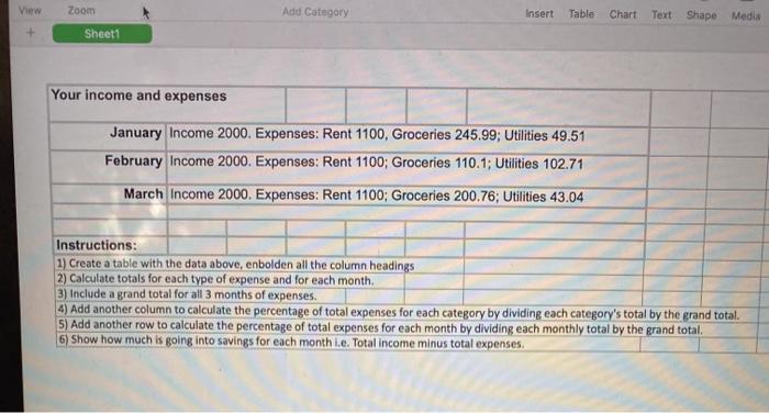 View Zoom Add Category Insert Table Chart Text Shape Media Sheet1 Your income and expenses January Income 2000. Expenses: Ren