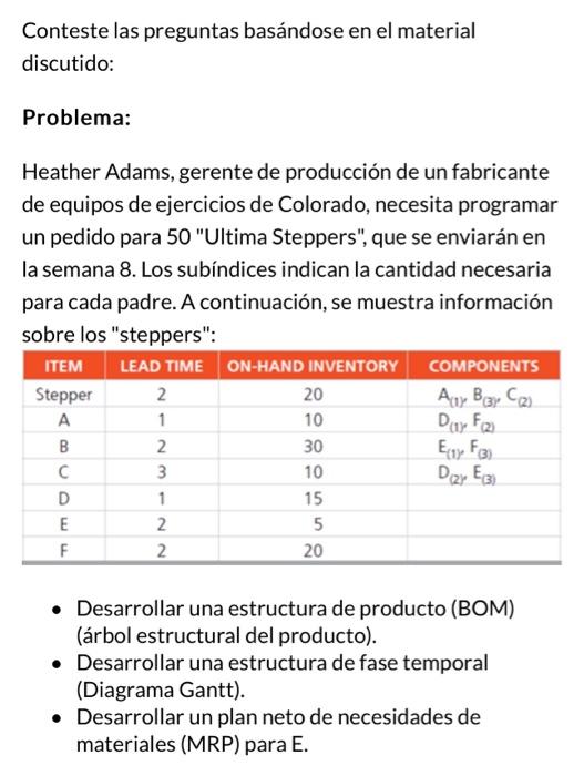 Conteste las preguntas basándose en el material discutido: Problema: Heather Adams, gerente de producción de un fabricante de