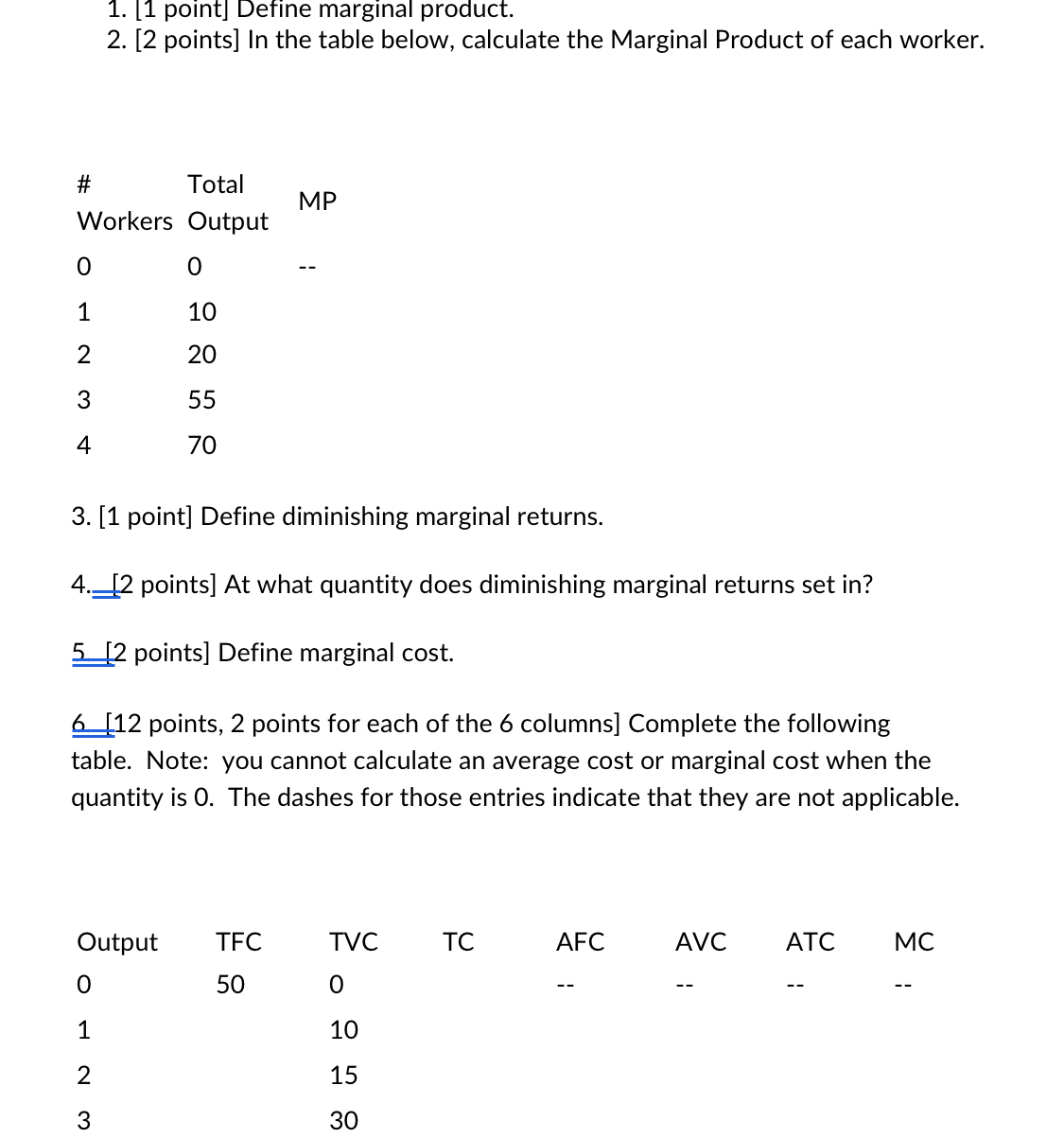 Solved [1 ﻿point] ﻿Define marginal product.[2 ﻿points] ﻿In