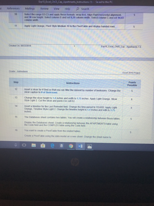 Exp 19.Excel.Chos_Cap.Apartments_Instructions (1) . Saved to this PC References Mailings Review View Help Search Select the r