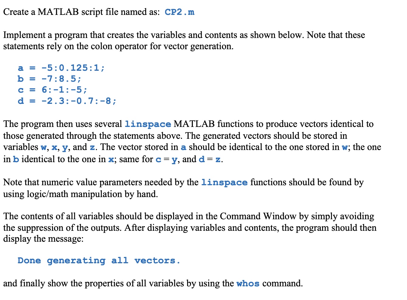 Solved Create a MATLAB script file named as: CP2 .mImplement | Chegg.com