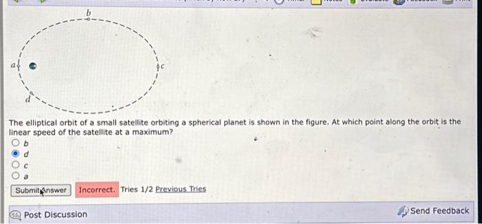 Solved The elliptical orbit of a small satellite orbiting a | Chegg.com