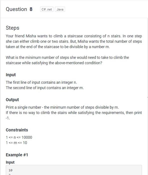 Solved Question 8 C#.net Java Steps Your friend Misha wants | Chegg.com